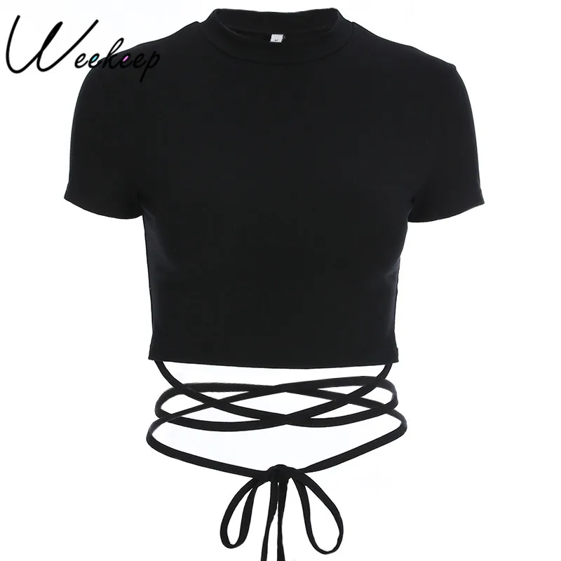 Женская открытая футболка Weekeep черная Однотонная на шнуровке уличная облегающая