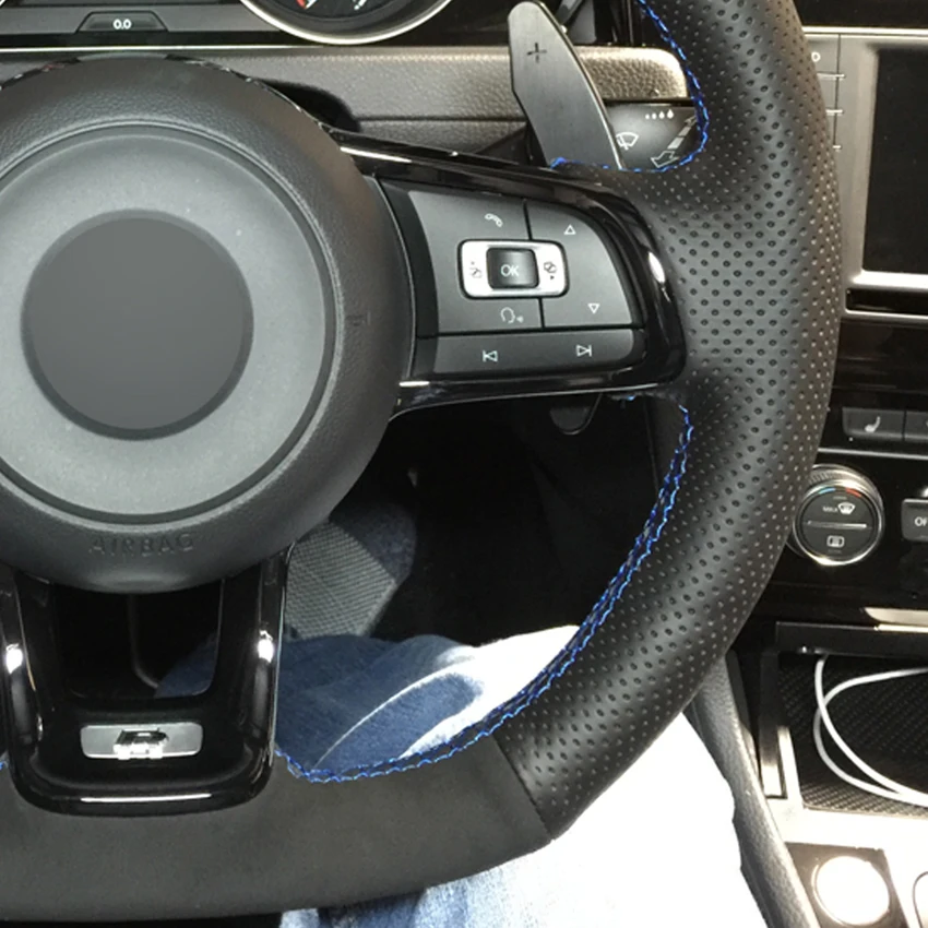 Чехол рулевого колеса автомобиля черная натуральная кожа замша для Volkswagen Golf 7 GTI R