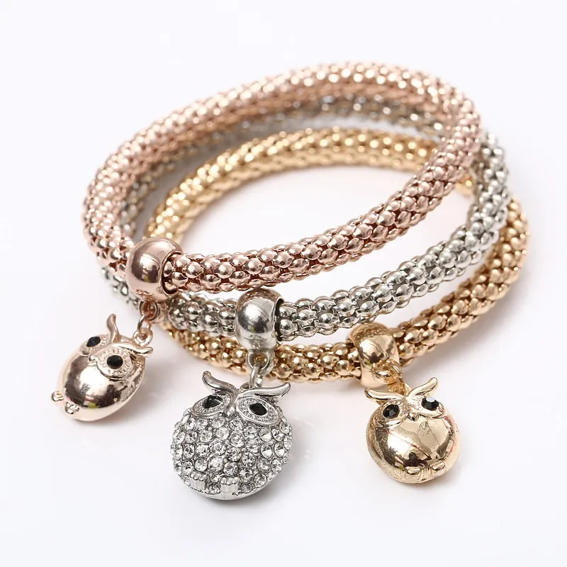 SL570 3 шт./компл. с кристальной совой; сердечка Браслеты& Bangles, золото/покрытый серебром Слон Подвески в виде якоря Стразы Браслеты для Для женщин - Окраска металла: SL570