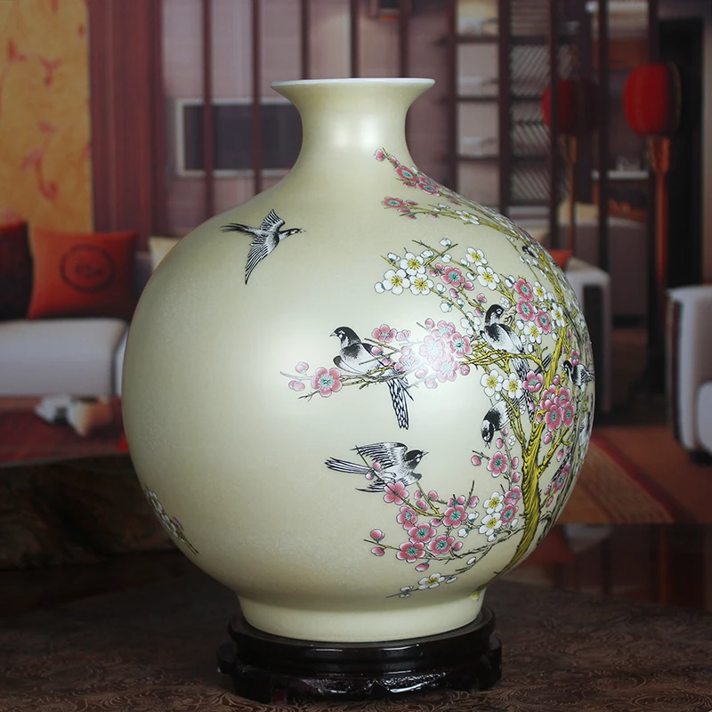 Керамическая ваза Jingdezhen для граната с цветами и птицами желтые Свадебные
