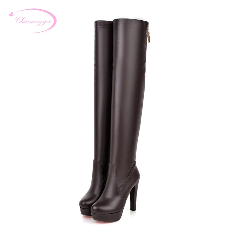 

Chainingyee knight comfortable round toe over knee high boots zipper platform black brown white high heels woemn riding boots