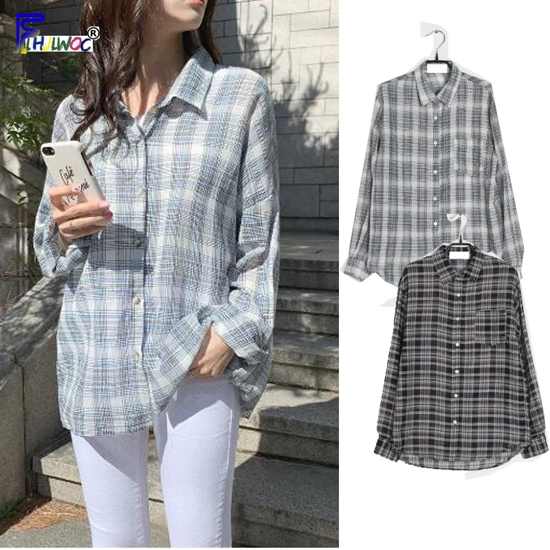 Женская Свободная блузка в клетку зеленая туника на пуговицах с длинным рукавом