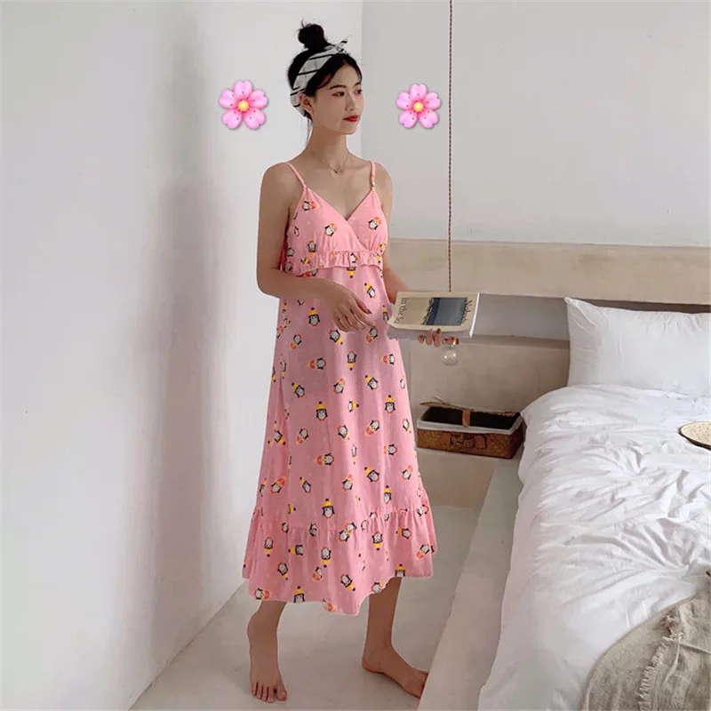 Caiyier Cotton Sleepshirts Sling Sleepwear Sexy Lingerie Korea Cute Print Famale Nightgowns Summer Women Nightdress Breast Pad | Женская