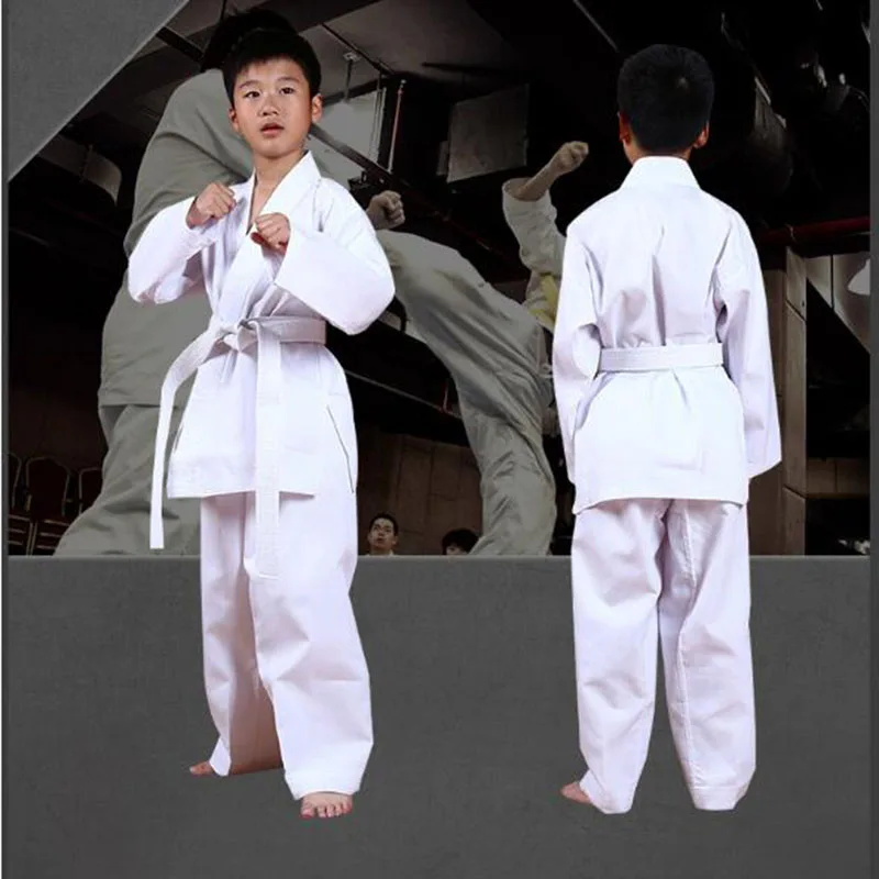 Костюм униформа для Каратэ с поясом, белый одежда для тхэквондо для студентов, детей и взрослых, одежда для тренировок по каратэ и представл...