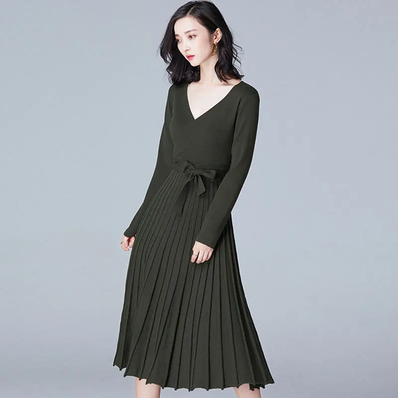 Drop Ship Women's Knitted Dress Sexy V-neck Knee-length Temperament Slim Pullover Sweater | Женская одежда
