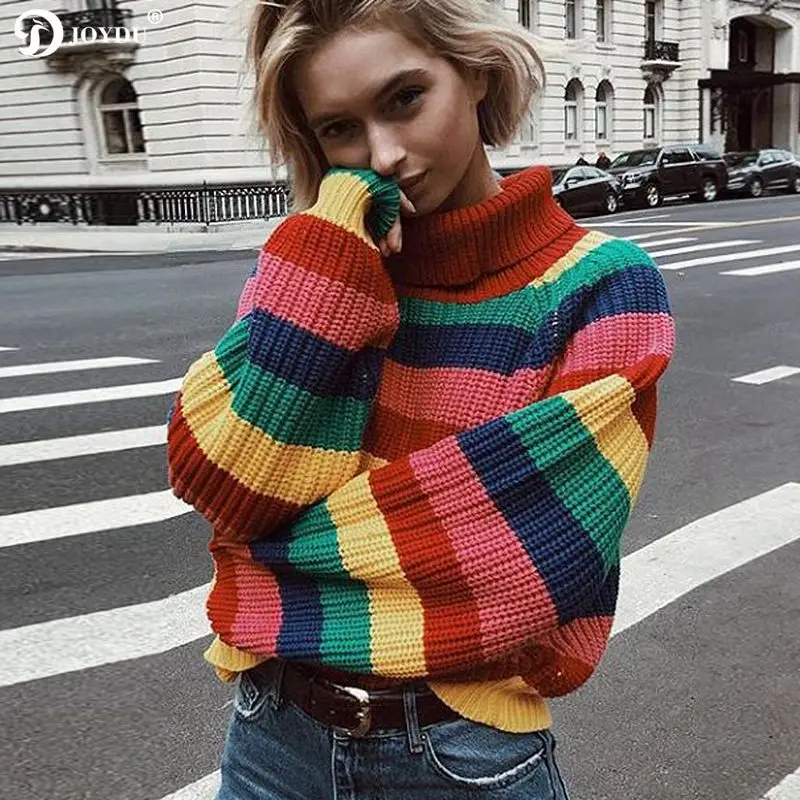 JOYDU pull femme 2018 новый модный Радужный полосатый водолазка оверсайз зимний свитер