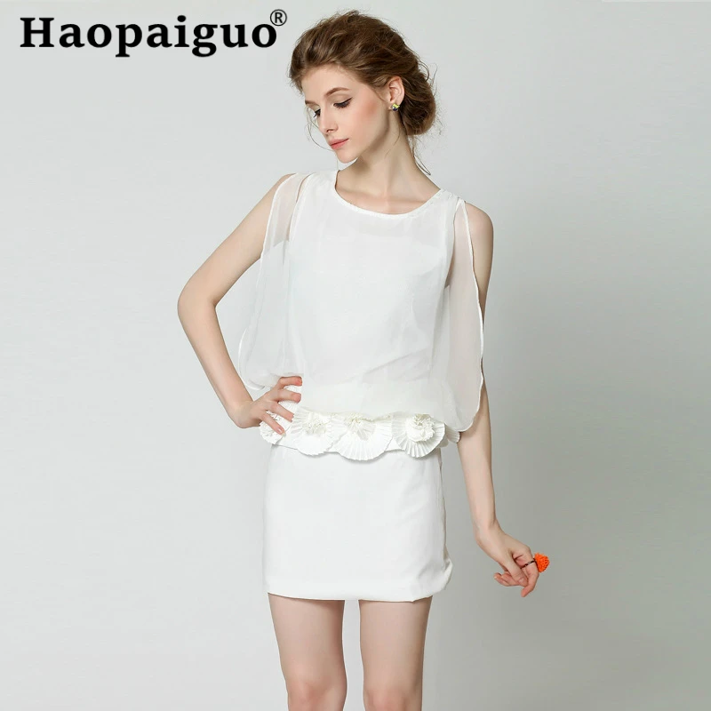 

2019 Summer White Casual Chiffon Dress for Women O-neck Sleeveless Mini Wrap Dress Women Solid OL Work Office Dresses Ladies