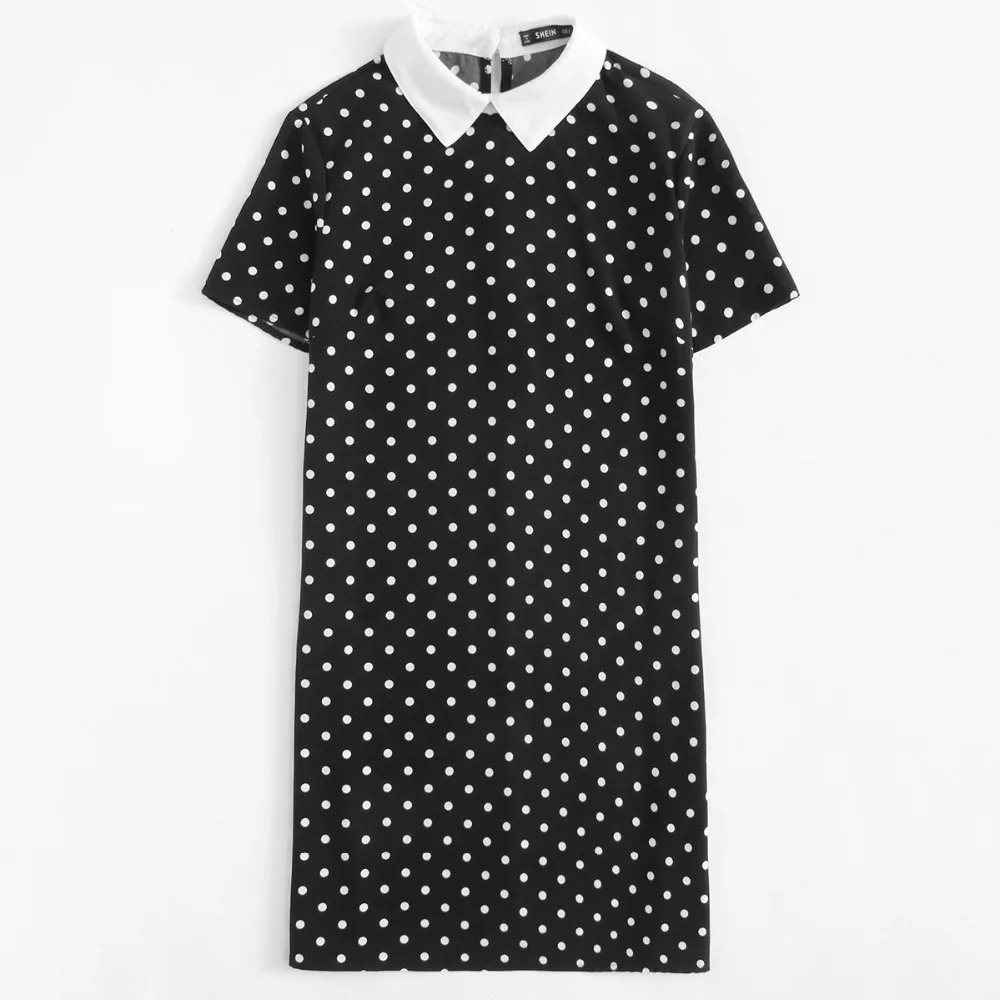 SHEIN Модное Платье С Контрастным Воротником Женское Летнее Черное Повседневное Платье С Короткими Рукавами