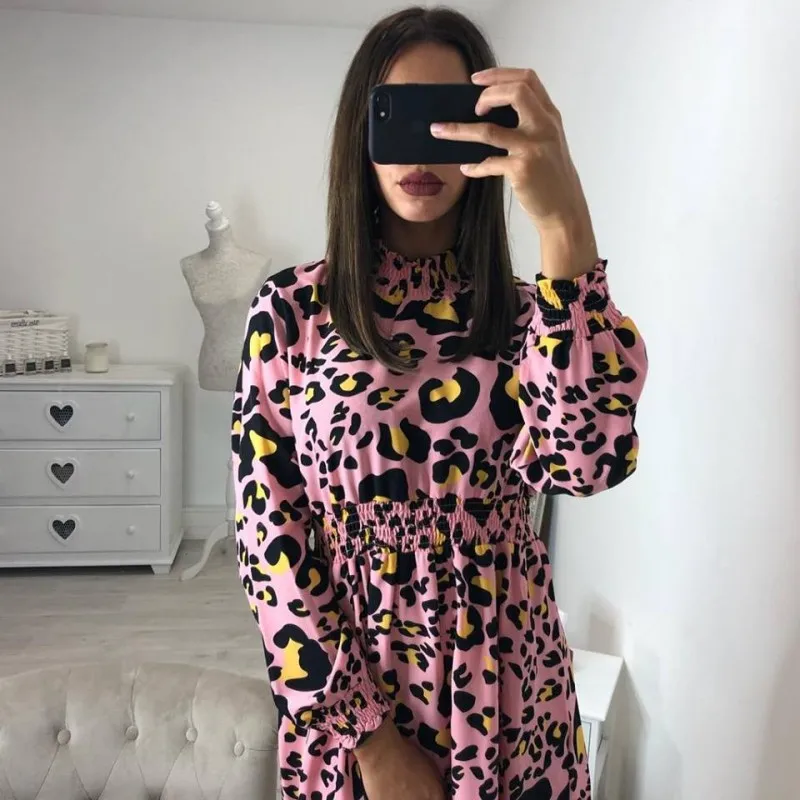 BornToGirl для женщин Осень Зима с длинным рукавом высокая шея черный зеленый красный горошек леопардовое платье