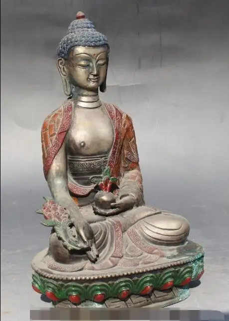 

S00122 11" Tibet Bronze Silver Painting Medicine Buddha Shakyamuni Sakyamuni Statue W