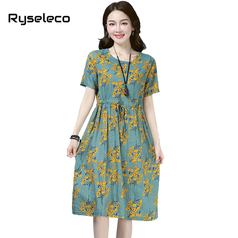 

new fashion cotton linen vintage floral print women casual loose summer dress vestidos femininos party 2018 tieswaist midi dress