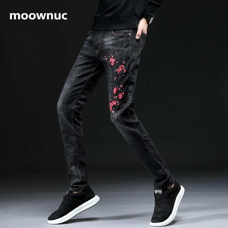 Весна 2019 мужские Модные Повседневные облегающие брюки с вышивкой модные