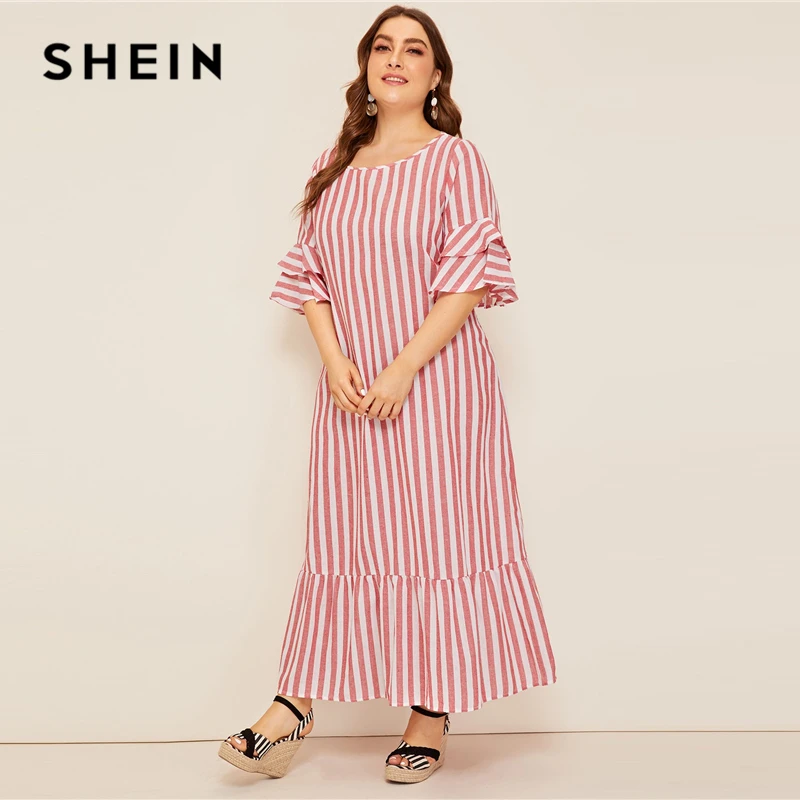SHEIN, платье макси в полоску с рукавами-колокольчиками размера плюс, коллекция, женское Повседневное платье-туника с оборками на весну и лето