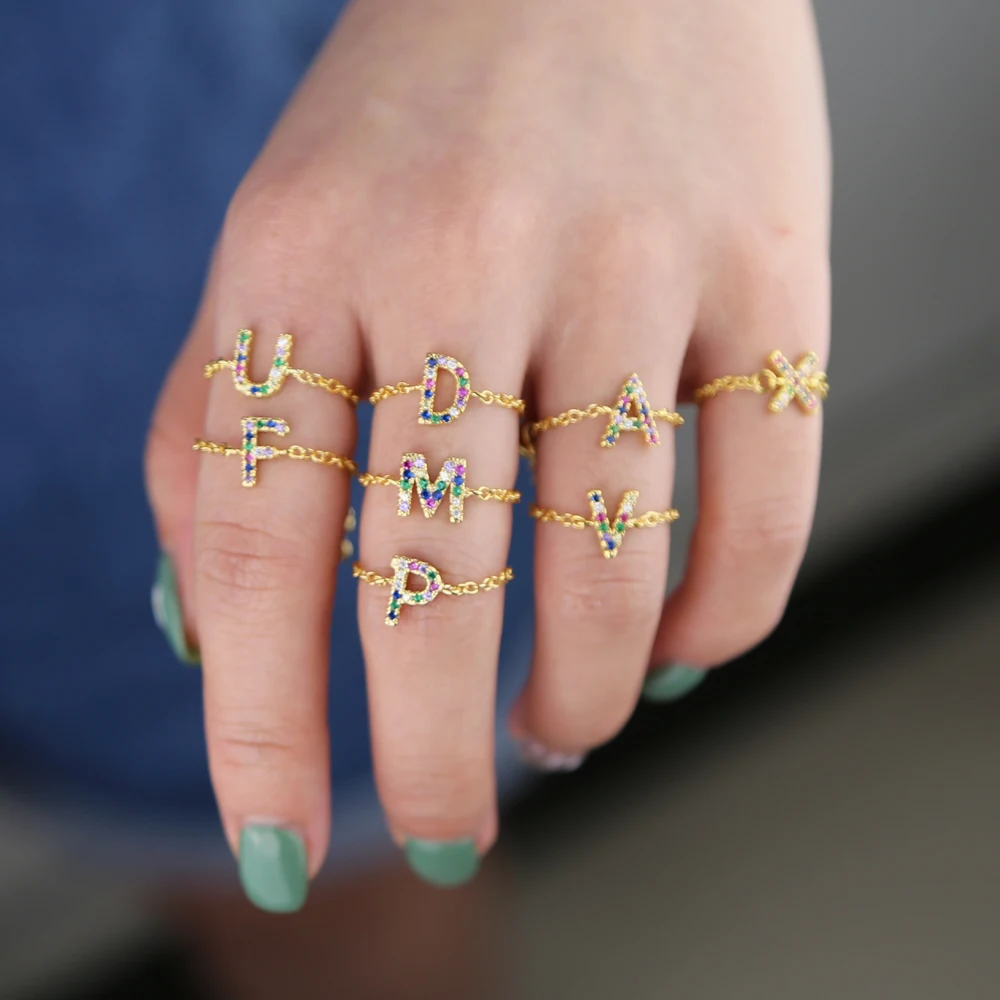 Женское кольцо-слайдер с радужным цирконом 26 алфавитов | Украшения и аксессуары