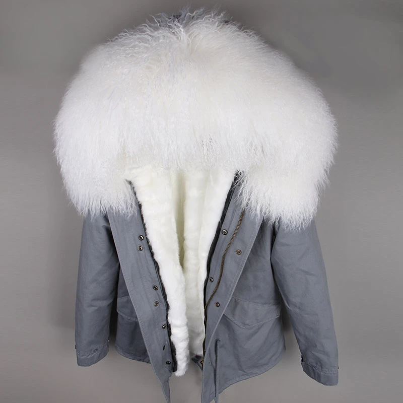 grey white Parka Real Fur Coat Winter Jacket Women Real Mongolia Sheep Fur Parkas Thick Warm Luxury Detachable Outerwear Streetwear - Цвет: grey white