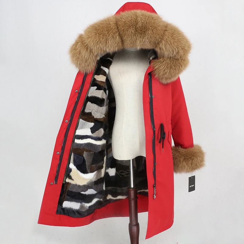 red camel OFTBUY удлиненная парка, пальто из натурального меха, зимняя куртка для женщин, натуральный меховой воротник, Капор из норки, меховая подкладка, водонепроницаемая верхняя одежда, съемная - Цвет: red camel
