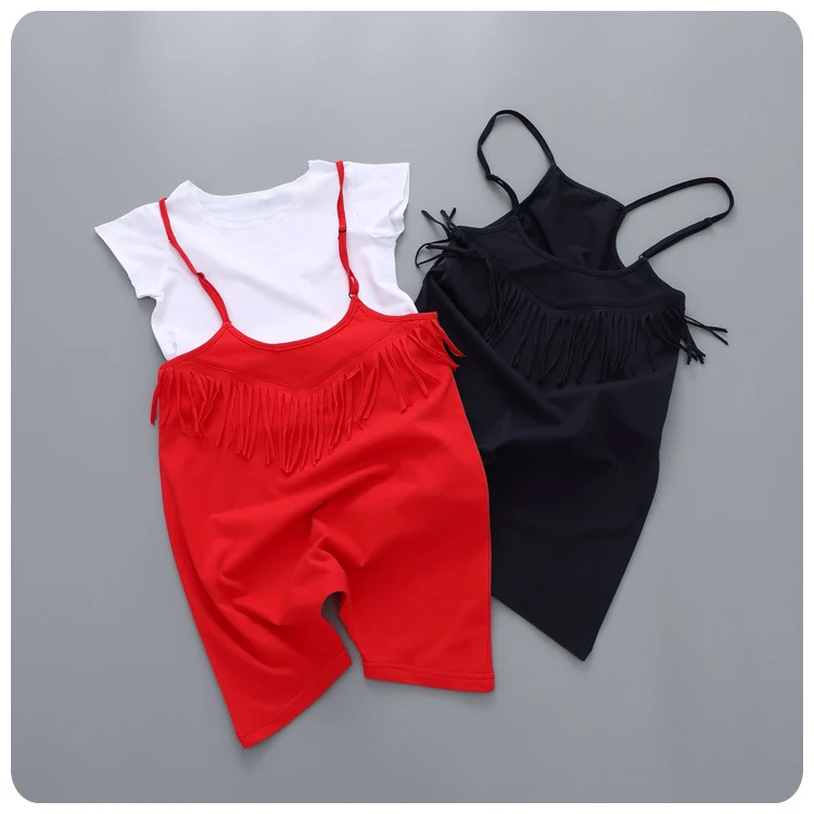 

Korean Summer New Pattern Pieces Set Girl Garment Girl Baby T Base Bottoming Unlined Upper Garment Tassels Haren Salopettes Suit