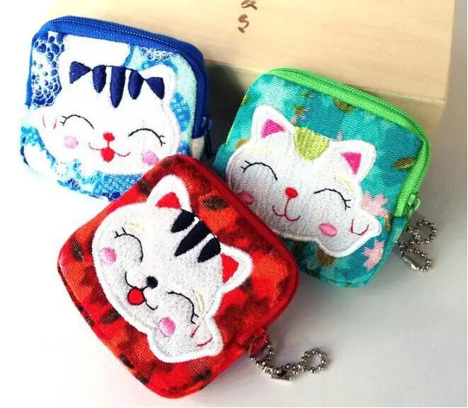50pcs/pack Lovely Women Purse Lucky Cat 10 Styles Small Zero Wallet Cloth Coin Purses Canvas Bag Student Gift Wholesale 8*8 cm