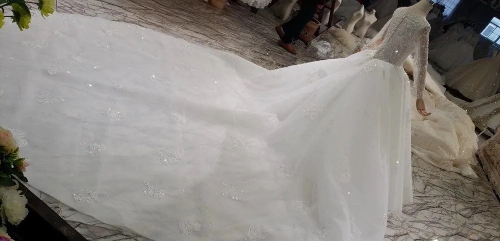 CloverBridal 2019 latest white luxury cathedral train beaded wedding dress vestido de festa longo zipper + buttons back