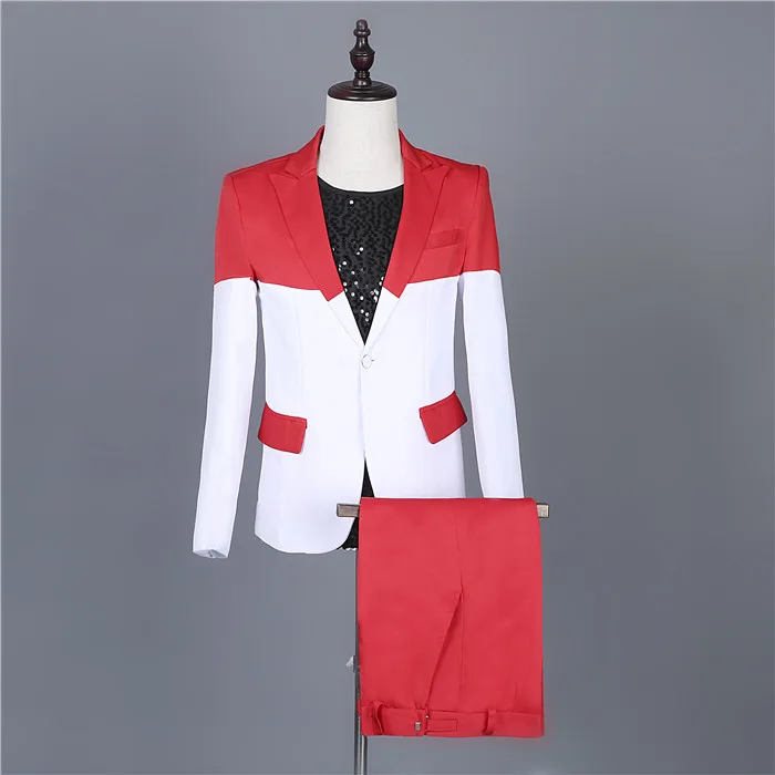 Red-White Stitching Blazers Set One Button Slim Fit Tuxedo Suit Men's Wedding Groomsmen Dress Singer Group Performance Costumes