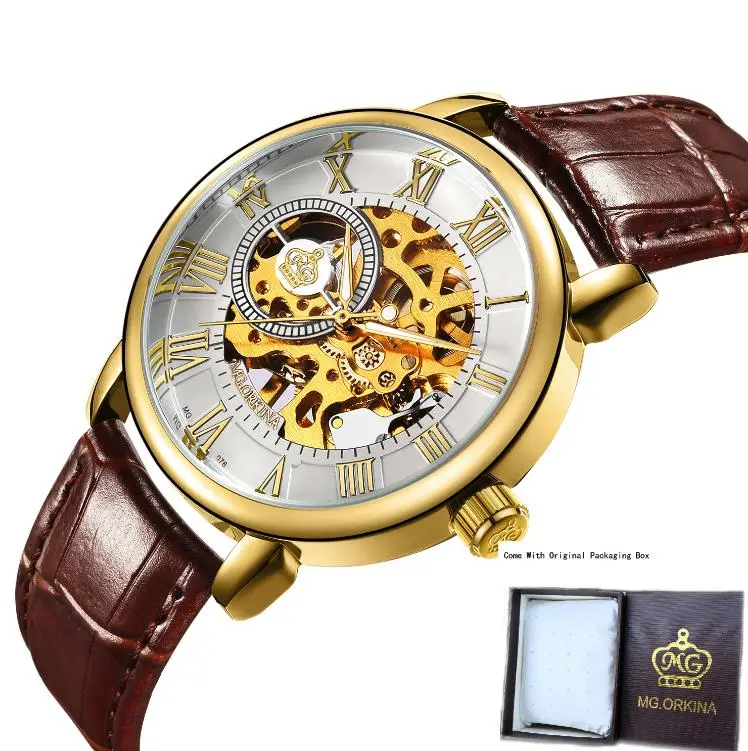 gold with box Новинка, брендовые MG ORKINA часы, мужские часы с кожаным ремешком, механические наручные часы с серебряным каркасом, прозрачный полый дизайн - Цвет: gold with box