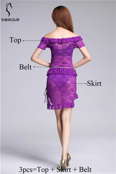 Purple 3pcs Женский танец живота Костюмы Болливуд Восточный танец живота одежда сценическая одежда тренировочный костюм кружевное платье Египетский индийский набор для взрослых - Цвет: Purple 3pcs
