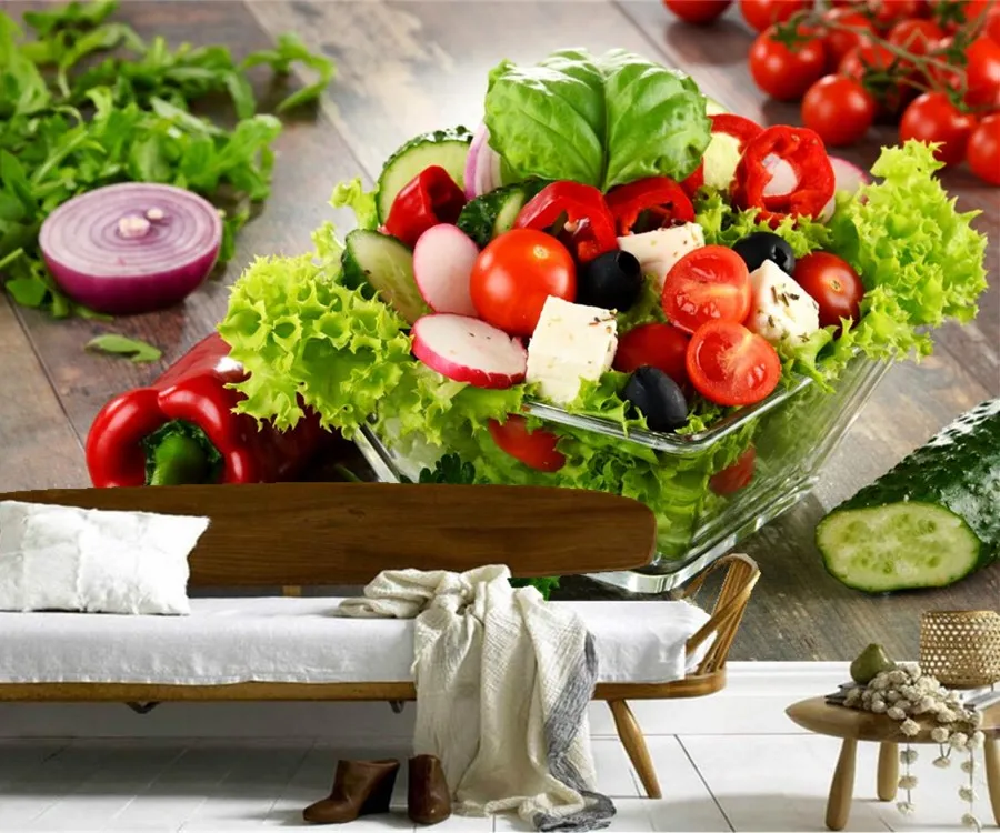 Пользовательские 3d тисненые обои для салатов овощей еды ресторана гостиной