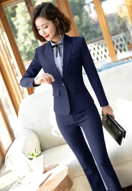 Navy coat and pants Новая мода элегантный женские брючные костюмы комплект из двух предметов бизнес с длинным рукавом Тонкий Блейзер и брюки женские офисные Рабочая одежда - Цвет: Navy coat and pants