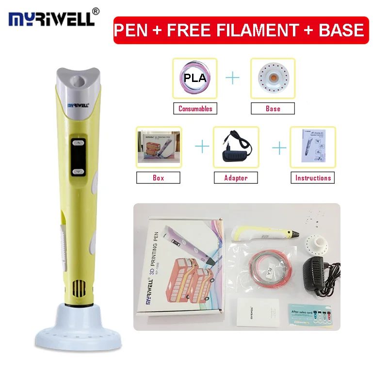 MYRIWELL RP-100B 3D Ручка с множеством оттенков, нетоксичный пластик, с 1,75 мм PLA нити(Multi-Color200M)+ 20 листов шаблон для рисования, низкий нагрев - color: sigle pen yellow