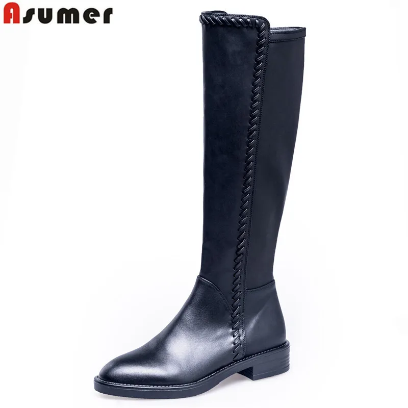 Женские сапоги на низком каблуке ASUMER черные классические до колена из