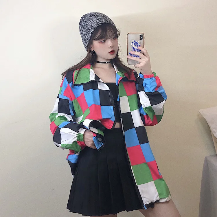 Color plaid 5605 летняя Клетчатая Солнцезащитная куртка женская тонкая Harajuku Повседневная Уличная одежда в стиле хип-хоп пальто Женская ветровка Ovesize одежда для пар - Цвет: Color plaid