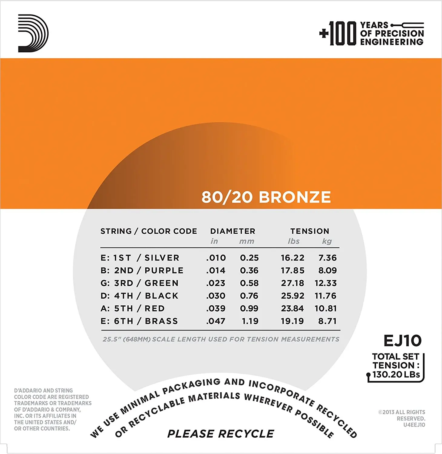 D'Addario EJ10 бронзовые для акустической гитары струны, дополнительный свет, 10-47
