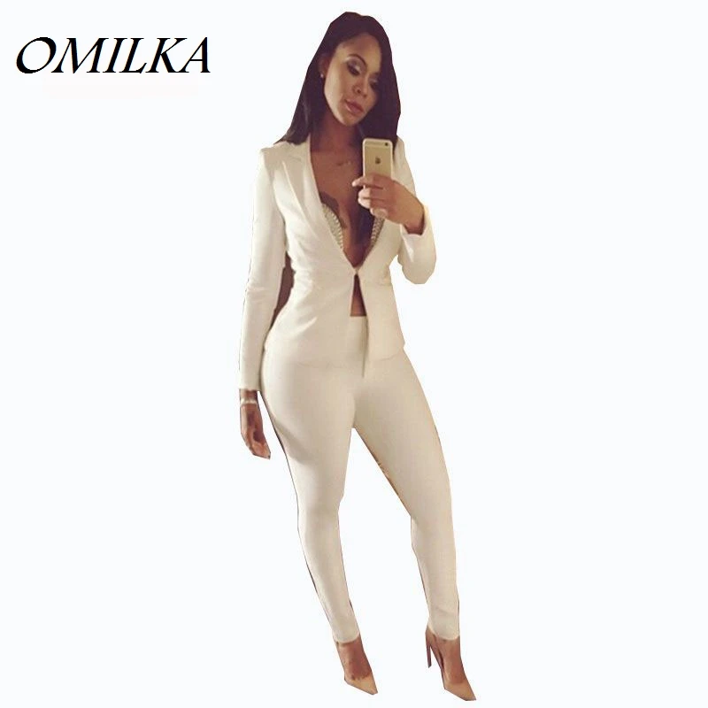 

Женские блейзеры и брюки, популярный осенний белый женский офисный костюм, повседневный Однобортный блейзер с длинным рукавом и брюки, комп...