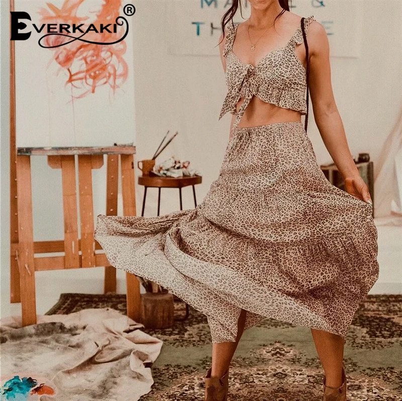 Everkaki Boho юбка с леопардовым принтом юбки женские на шнуровке эластичные трапециевидные свободные богемные юбки Femme Лето Осень новинка