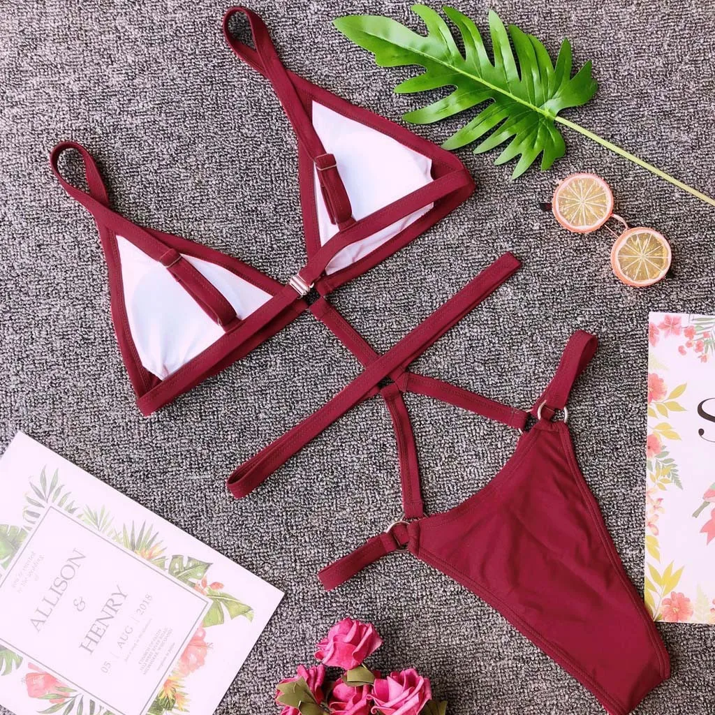 Женский купальник бикини SAGACE однотонный бразильский на бретельках с глубоким