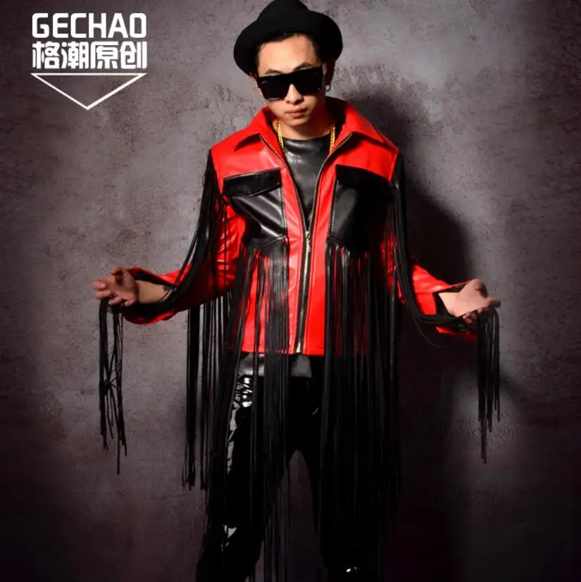

Europe And The United States Large Size Long Tassel Black And Red Stitching Hip-hop Men Singer Pu Leather Motorcycle Jackets-5xl