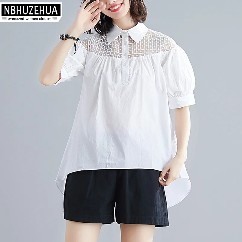 Блузка NBHUZEHUA 2019 из хлопка с милым кружевным вставками, белая, с короткими рукавами, летняя, больших размеров, рубашки 4XL XXXL 19-D203