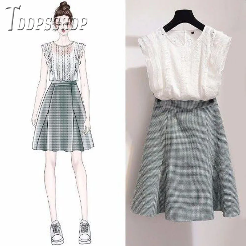 Женские летние комплекты 2019 блузка без рукавов и трапециевидная юбка женские