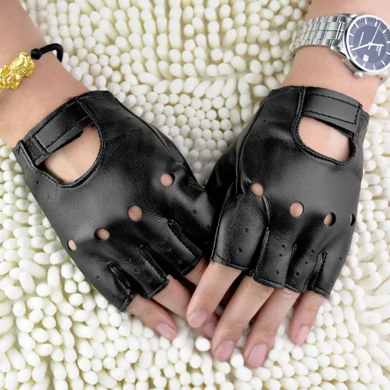 

New Men Faux Leather Slip-Resistant Half Finger Fingerless Gloves Hand Wrist Mittens Hollow Out Black Driving Motorcycle Unlined