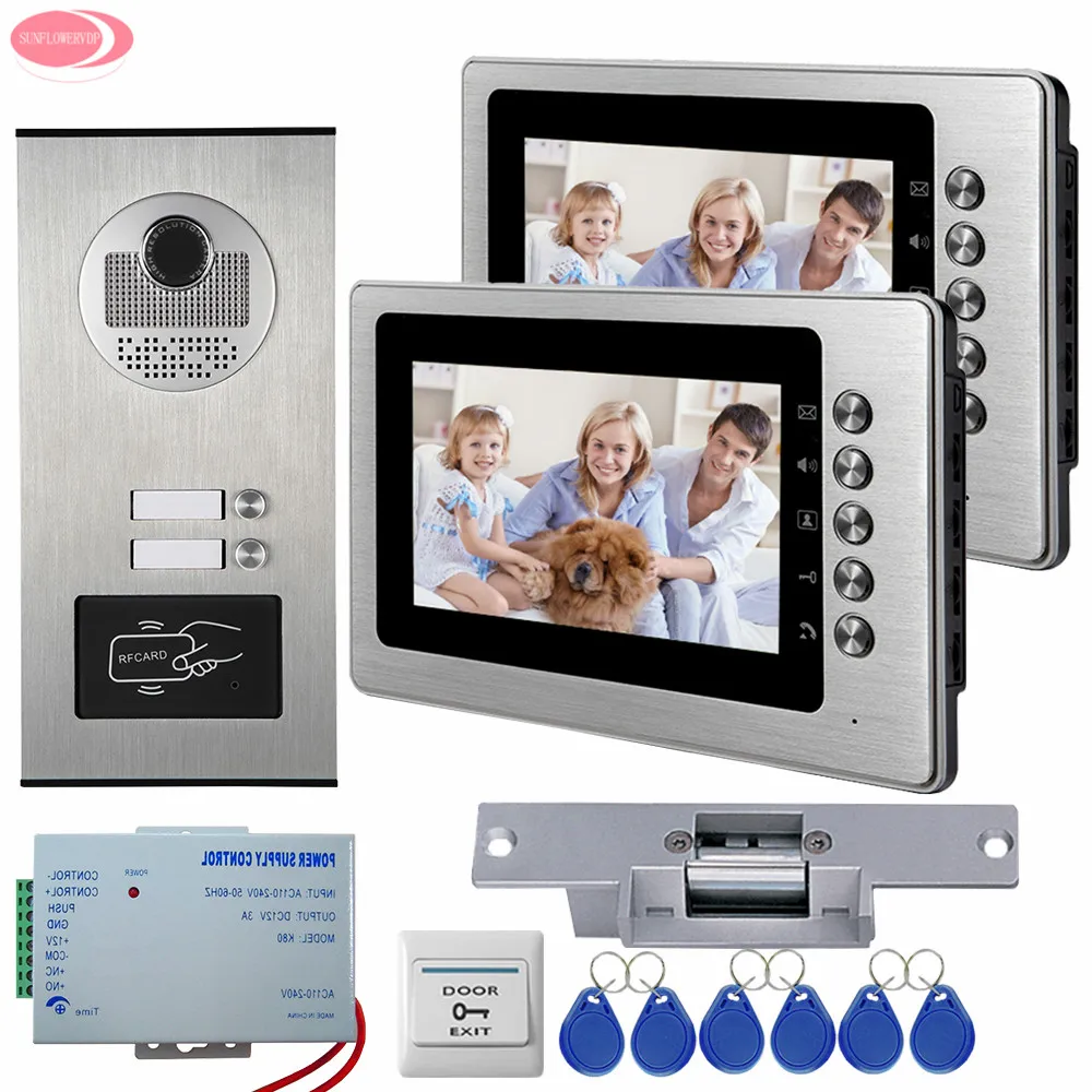 

7inch Color Video Door Phone Intercom System 2 Buttons+ RFID Access Door Camera For 2 Monitors + Strike Electric Lock Door Phone