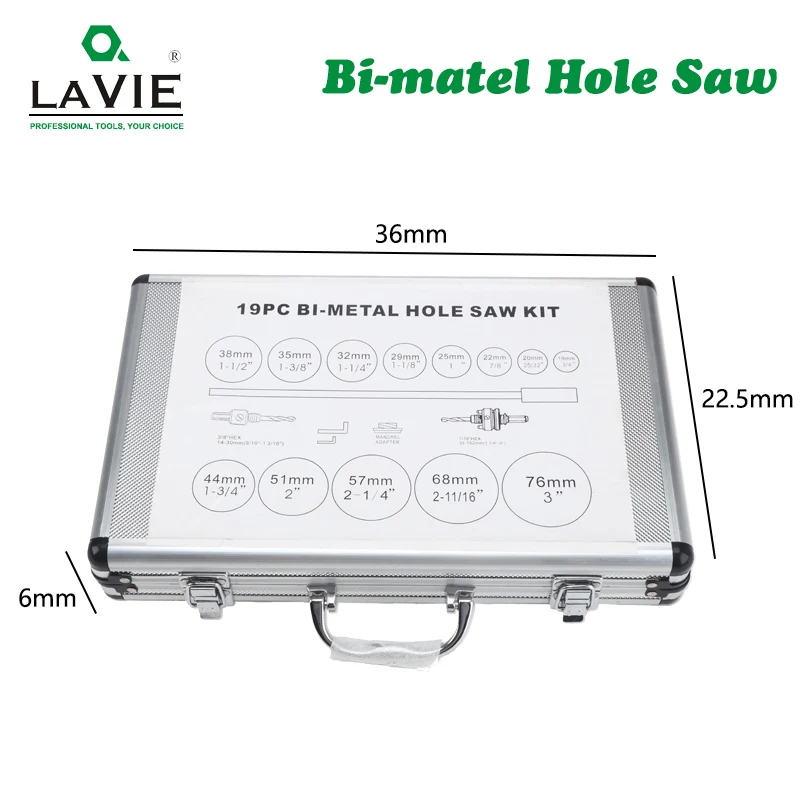 LAVIE 19pcs Bi Metal Hole Saw Cutter Kit Blade Drilling Tool Arbor Pilot Drill Set for Wood Metal Carpenter Plumber DB04037
LAVIE 19pcs Bi Metal Hole Saw Cutter Kit Blade Drilling Tool Arbor Pilot Drill Set for Wood Metal Carpenter Plumber DB04037