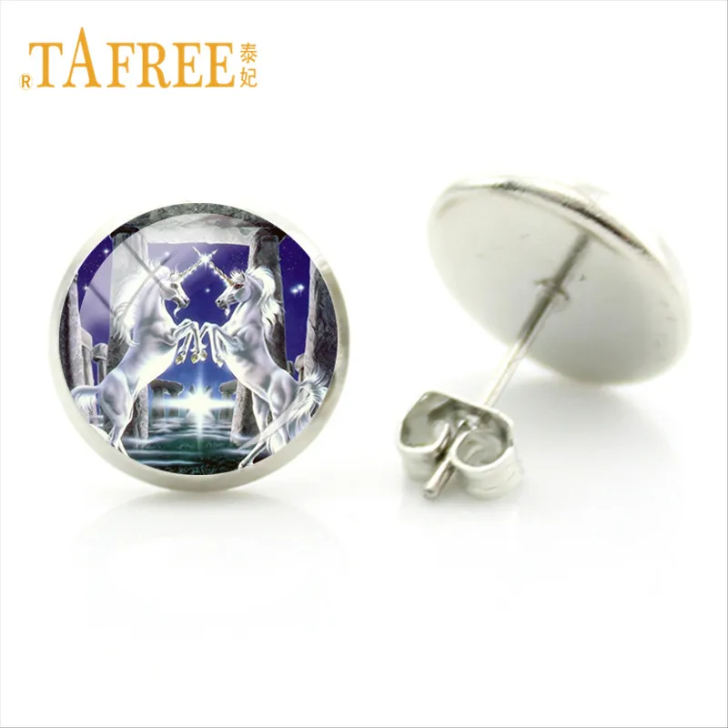 Круглые серьги гвоздики TAFREE с радужным конем и единорогом белые рожки животными