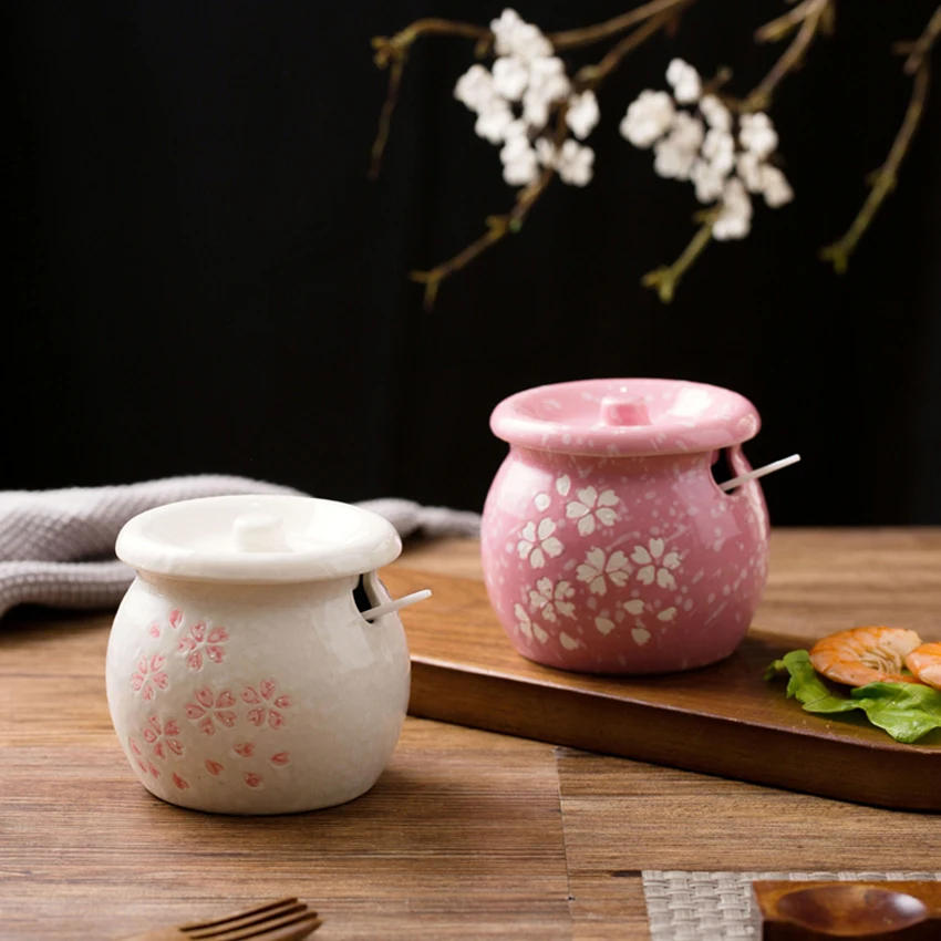 Узор с Сакурой Керамика контейнер для приправы банку ложкой и крышкой