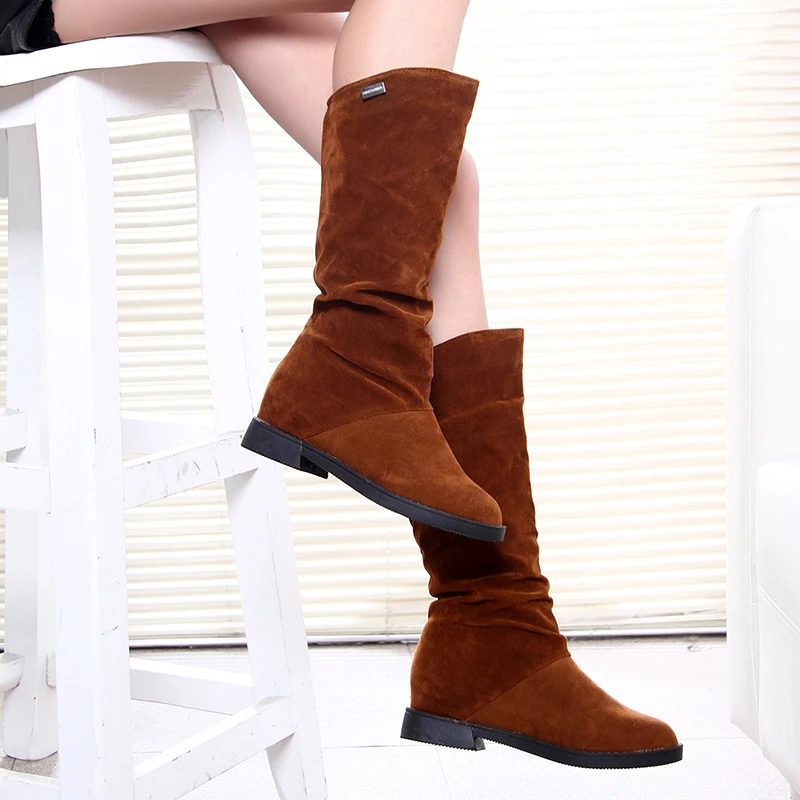 Autumn Winter Women's Boots Matte Flock Boots For Female Ladies Height Increased Low Heel Shoes Woman Mid Calf High Boots