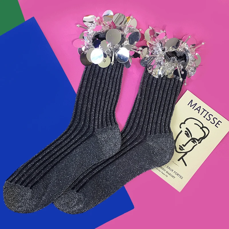 Pug Funny Socks Fashion Hot Sale Japan Stereo Flower and Bright Vertical Stripe 2020 Women's Original Sequins Personality Women