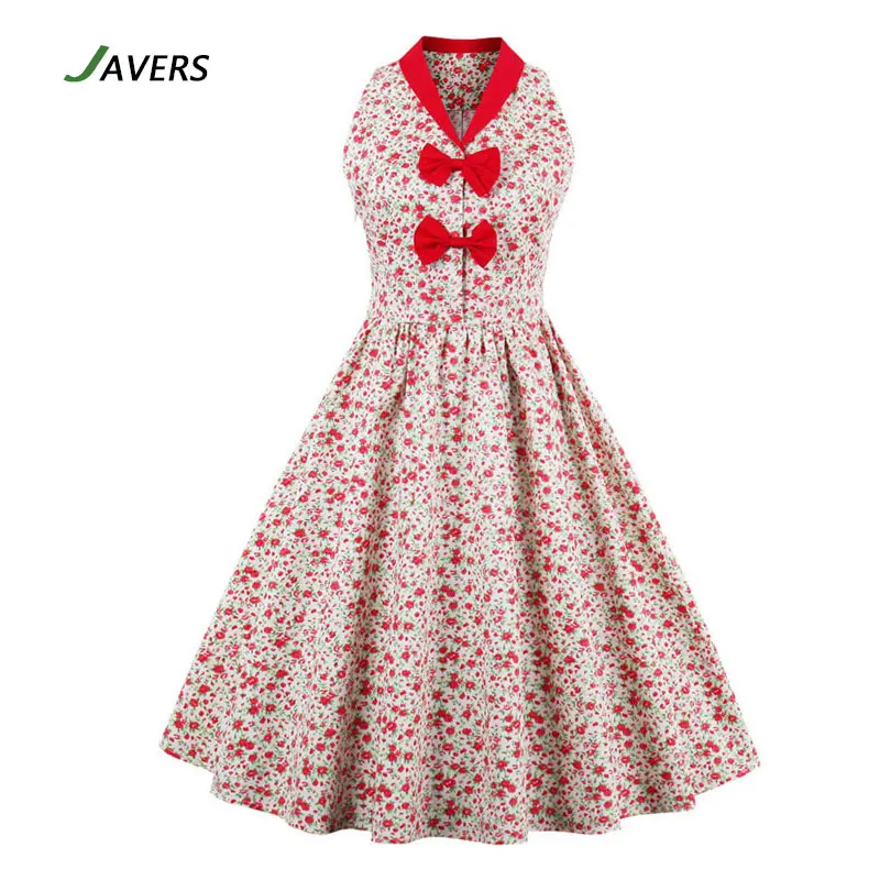[JAVERS] 50 s Старинные Маленький Цветочный Принт Лук-узел Плиссированные Красное
