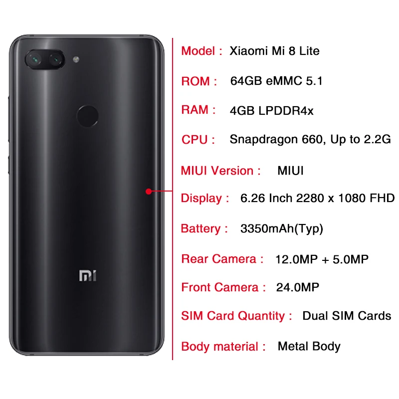 В наличии глобальная версия Xiaomi Mi 8 Lite 4 Гб 64 Snapdragon 660 Восьмиядерный 6 26 '*1080