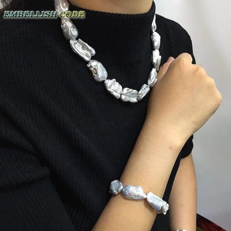 Ожерелье и браслет с жемчугом барокко серого цвета|necklace bracelet set|fine jewelrynecklace |