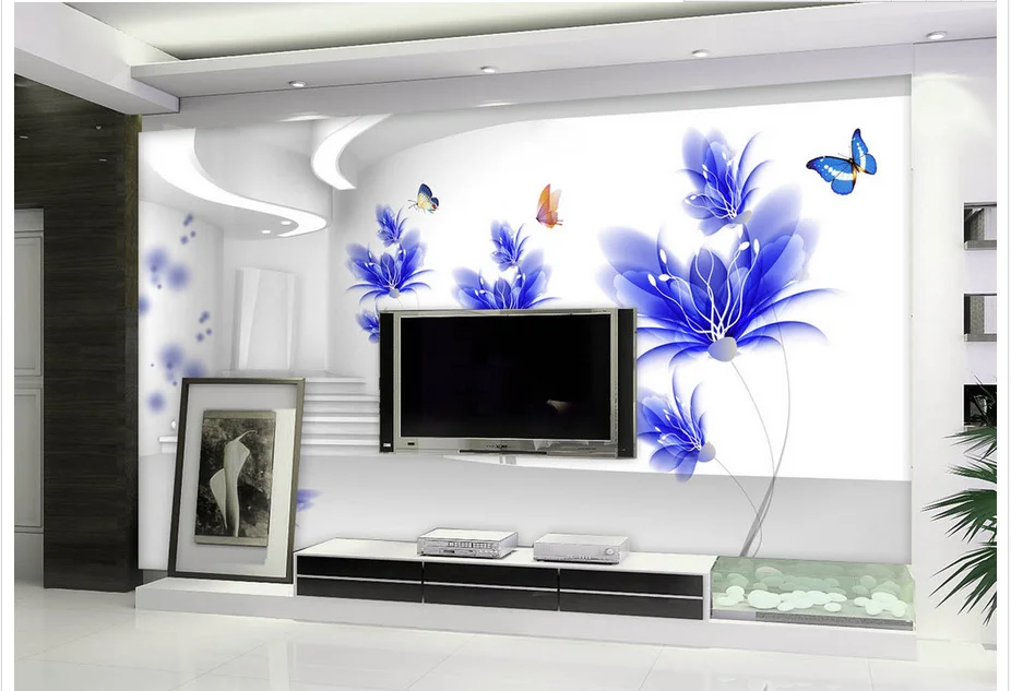 3D фон для украшения дома синие фантастические обои с бабочками и цветами |
