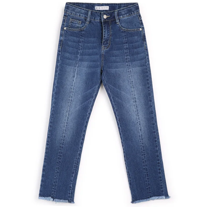 LEIJIJEANS New Autumn Tassel Medium Blue Color High Waist Ankle Length Plus Size L Bleached Slim Straight Jeans Women Denim 7164 | Женская